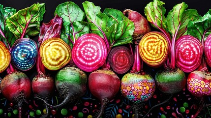 Wall Mural -   Radishes arranged in clusters on green-red ground cover