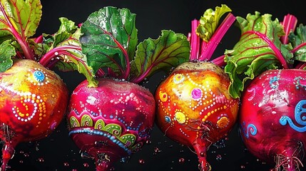 Sticker -   A collection of red radishes adorned with green leaves and intricate designs, featuring water droplets on top