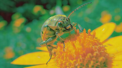 Sticker -   A sharp image of a grasshopper perched on a flower with a hazy backdrop of sunflowers and foliage