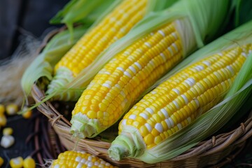 Sticker - Closeup of ripe corn cobs with husks in a woven basket, set on a wooden surface