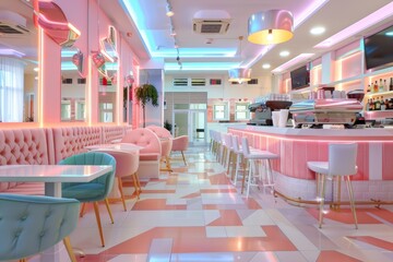 Wall Mural - Stylish cafe with pink and white decor, booths, stools and geometric flooring