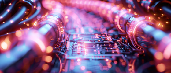 Poster - A blue and red wire with a lot of dots on it. The wire is curved and it looks like it is part of a computer or a machine