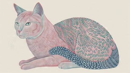 Wall Mural -   A cat with blue and pink designs sitting on a white background