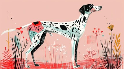 Wall Mural -   Drawing of Dalmatian dog standing in green field with vibrant flowers on soft pink backdrop