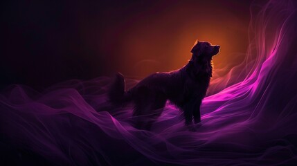 Poster -   A dog facing a black backdrop with a brilliant light centered in the frame, gazing upward into the heavens