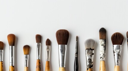 Wall Mural - Clean paint brushes of various sizes on wooden handles white background focus on brushes