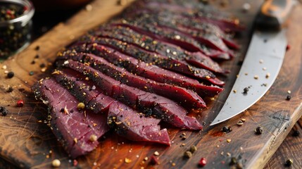 Sticker - Close-up of Smoked and Sliced Venison on a Wooden Cutting Board