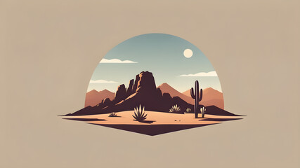 Wall Mural - Beautiful western landscape of desert with cactus plants, hill, mountain logo icon background. Generative AI