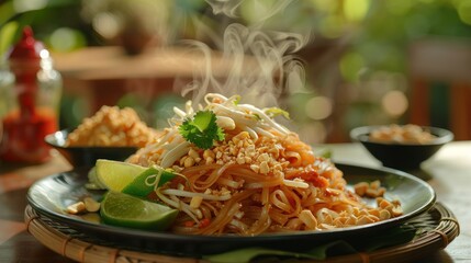 Sticker - Steaming Pad Thai Noodles with Lime Wedges on a Black Plate