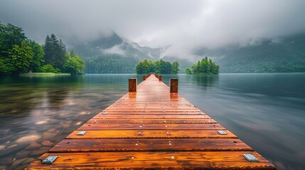 Canvas Print -   Wooden Dock with Trees and Mountains..A wooden dock is visible in the center of the body of water Trees are present in the background, offering shade and natural beauty