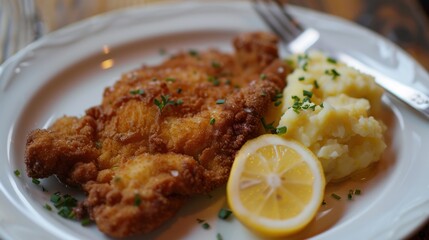 Canvas Print - Delicious Fried Chicken Cutlet with Mashed Potatoes and Lemon