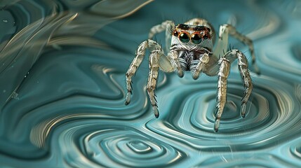 Sticker -   A detailed photo of a spider perched on a tranquil body of water, surrounded by rippling blue waves and delicate white foam