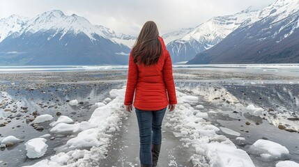 Wall Mural -   A woman walks in a red jacket through snowy landscapes with mountain ranges behind her and a body of water in the foreground