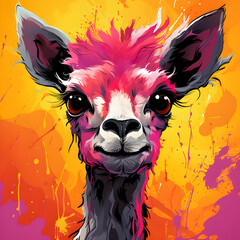 Wall Mural - Smiling Pink Llama with Colorful Splashes