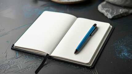 Canvas Print - Blank bullet journal and blue pen on black desk