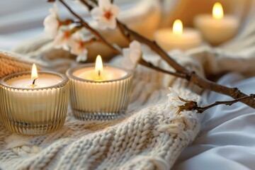 Sticker - Serene setting with lit candles, soft knitted fabric, and delicate flowers creating a tranquil ambiance