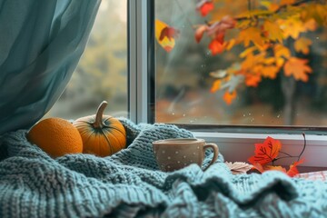 Wall Mural - Warm autumn setting on a windowsill with a cup of coffee, pumpkin, and colorful leaves outside