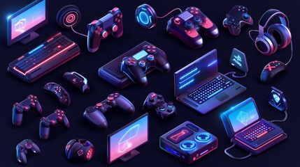 Set of video game and esports icons in modern 3d vector style. Concept of computer and mobile gaming technology and industry.