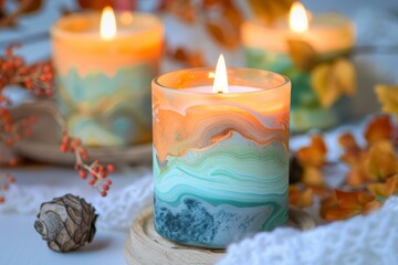 Sticker - Lit scented candle adds warmth to an autumnal setting with leaves and soft light