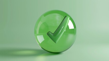 Transparent 3D glassmorphism checkmark on a green sphere. Ideal as an eco-friendly logo or banner to represent protection, confirmation, or success.