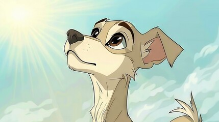 Wall Mural -   A dog looks upward with its eyes closed while the sun shines above and clouds surround the scene