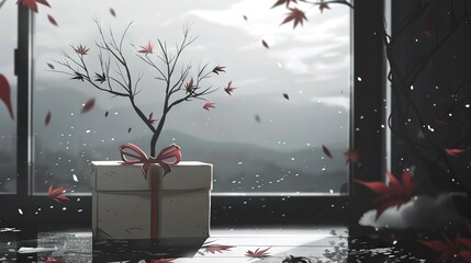 Wall Mural -   A white box adorned with a red bow perches atop a window sill, surrounded by a lush tree displaying vibrant red foliage