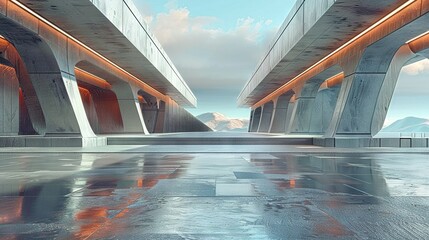 Canvas Print -   A bridge over water with mountains and cloudy sky