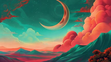 Wall Mural -   A masterpiece featuring a crescent moon above majestic mountains, framed by billowy clouds and bathed in soft lunar light