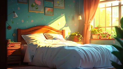 Canvas Print -   A tidy bedroom featuring a well-made bed and a vibrant potted plant on the windowsill