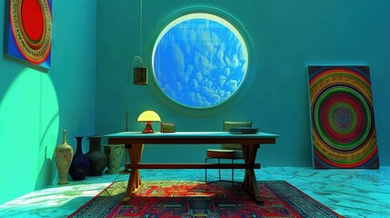 Poster -  Large Round Window, Rug, Table, Lamp