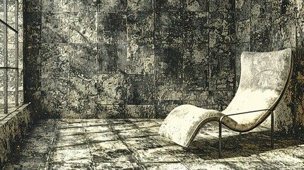 Wall Mural -   A chair rests on a tiled floor adjacent to a wall adorned with a textured, grungy surface