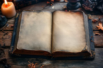 Open Ancient Wiccan Book with Blank Pages on Rustic Wooden Table, Illuminated by Candlelight, Spirituality and Esoteric Concept