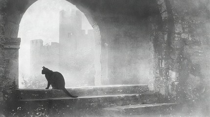 Poster -   A black-and-white image of a feline perched on a windowsill, gazing upon the hazy metropolis beyond