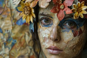 Sticker - Closeup of a woman with creative face paint and floral patterns, evoking a mysterious mood