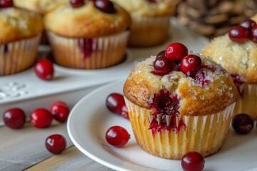 Canvas Print - Fresh baked cranberry muffins on a white plate with holiday decorations