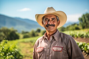 Wall Mural - Portrait of a middle aged Hispanic male farmer on field