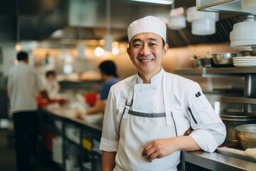 Wall Mural - Portrait of a smiling middle aged male chef in kitchen