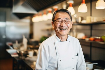 Wall Mural - Portrait of a smiling middle aged male chef in kitchen