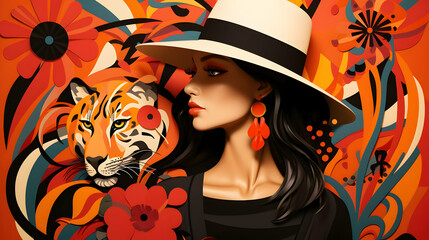 Canvas Print - Paper Art: Woman, Tiger, Flowers