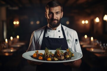 Wall Mural - Modern food stylist chef holding a decorated meal