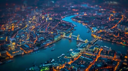 Wall Mural - Aerial night view of a vibrant cityscape with a winding river and illuminated bridges. The lights create a stunning and colorful scene. Perfect for urban-related projects or travel content. AI