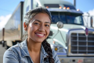 Portrait of a smiling young Hispanic female truck driver