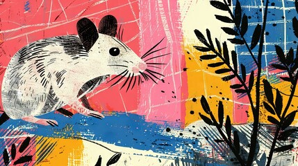 Wall Mural -   A mouse on blue paper against a pink-yellow backdrop