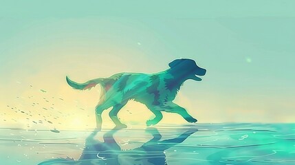 Poster -  A dog standing on a surfboard in a body of water, with the sun shining in the background