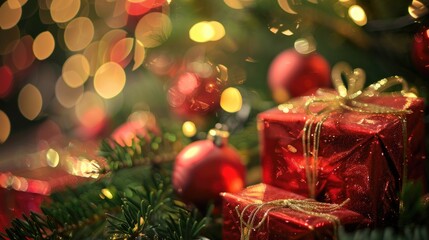 Poster - Gifts under a Christmas tree adorned with red ornaments Close up