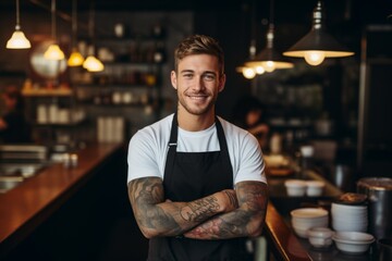 Wall Mural - Portrait of a young smiling male chef in kitchen