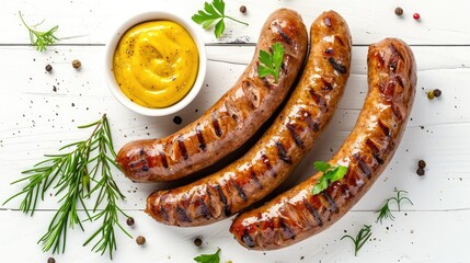 Poster - Grilled rabbit sausage with mustard on a white wooden table, flat lay arrangement