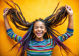 Vibrant mixed-race teenager in motion, flipping braided hair with unbridled joy, exuding carefree confidence, and embodied positivity, celebrating mental wellness and self-acceptance.