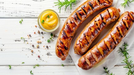 Poster - Grilled rabbit sausage with mustard on a white wooden table, flat lay arrangement