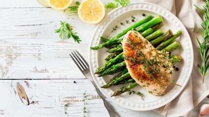 Wall Mural - Herb-crusted rabbit fillet served with asparagus on a white wooden table, flat lay style